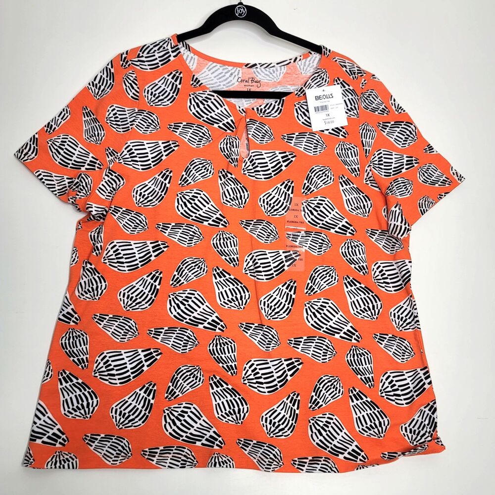Coral Bay Orange Seashell Keyhole Neck T-Shirt 1X NWT Florida Tee Top